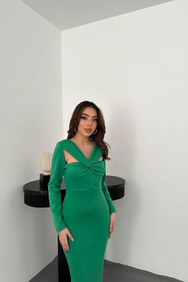 Toptan Yeşil Göğüsü Büklüm Elbise