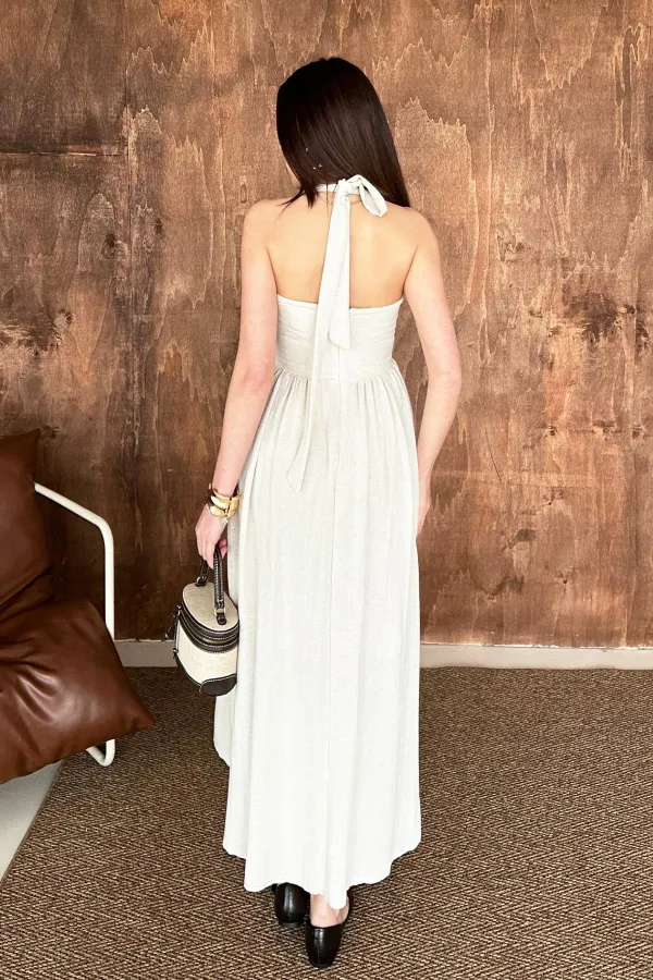 Robe en lin beige à col licou en gros