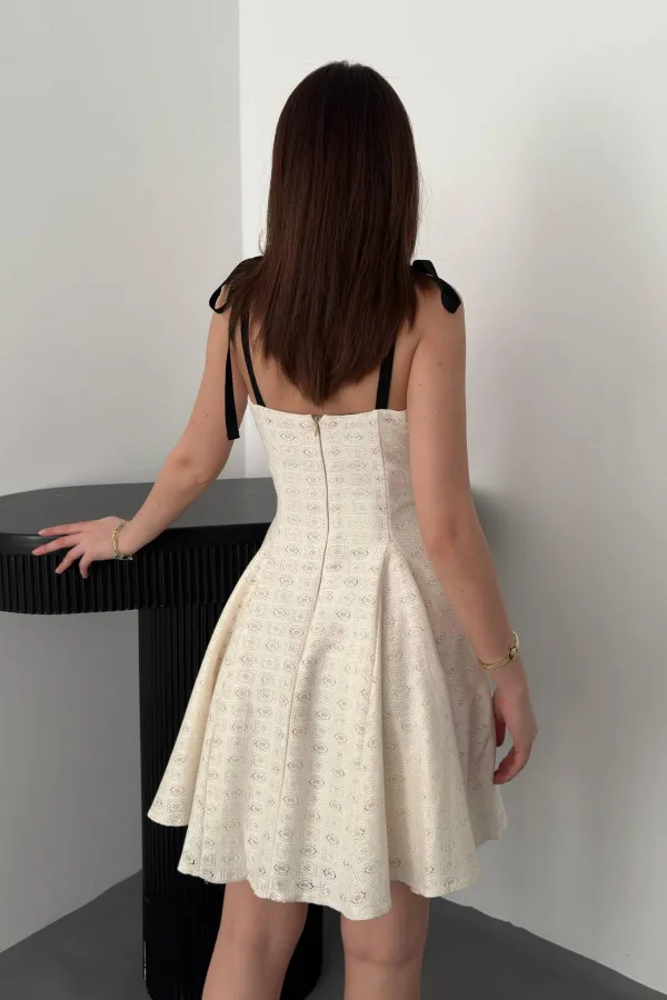 Toptan Bej Omzu Bağcıklı Elbise