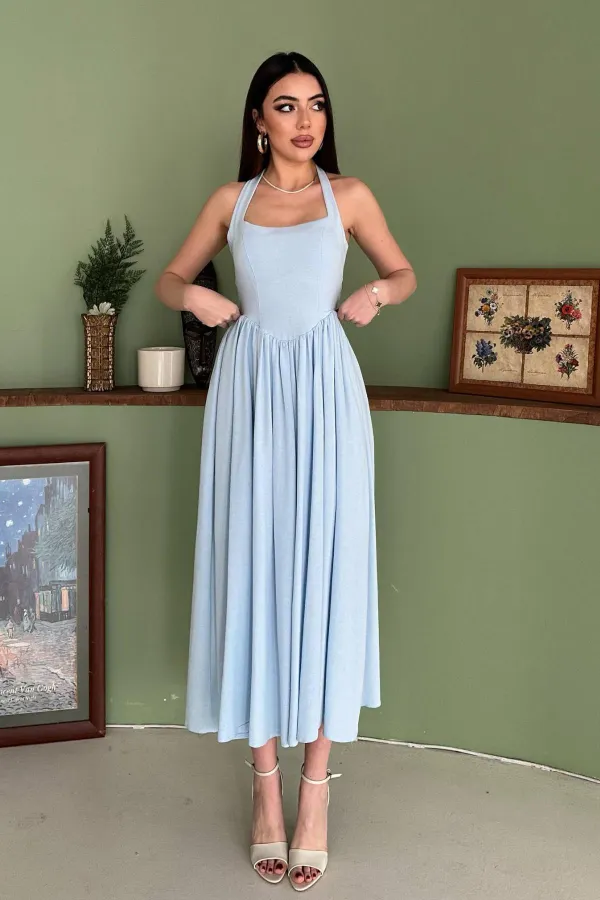 Toptan Mavi Boyundan Bağlamalı Keten Elbise