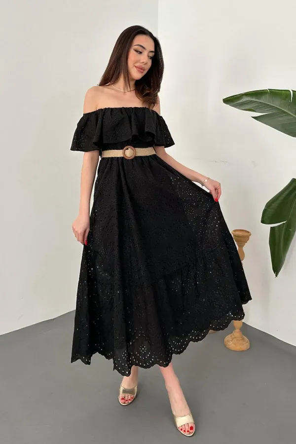 Wholesale Black Elastic Shoulder Embroidered Dress