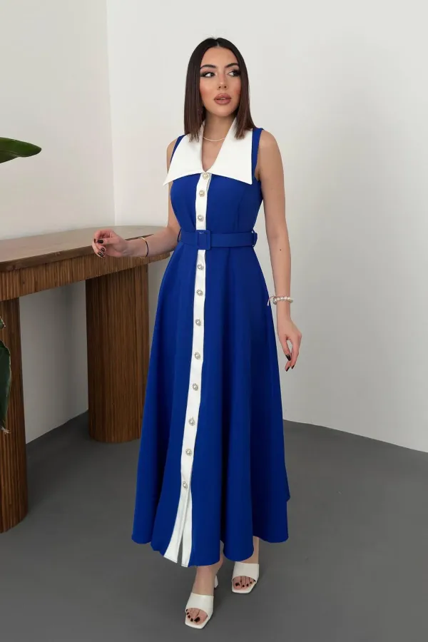 Toptan Saks Geniş Yakalı Halter Kollu Elbise