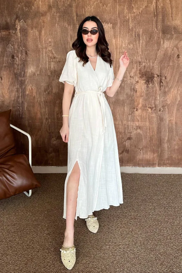 Toptan Bej Kruvaze Yaka Müslin Keten Elbise