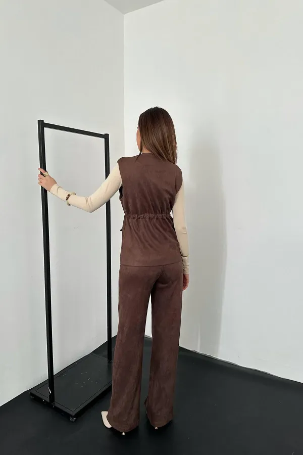 Toptan Kahverengi Süet Yelek Pantolon Takım