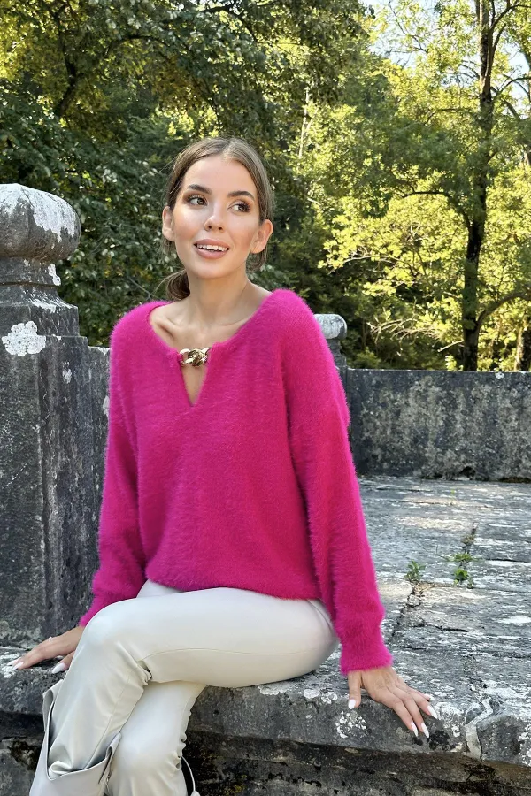Pull en maille à col chaîne fuchsia en gros