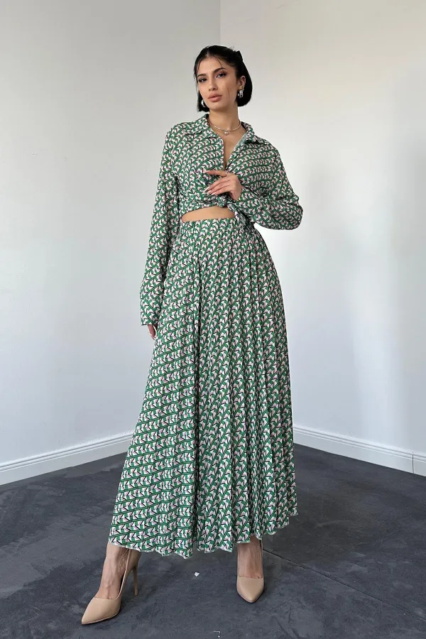 Ensemble chemise et jupe en viscose à motifs - Vert