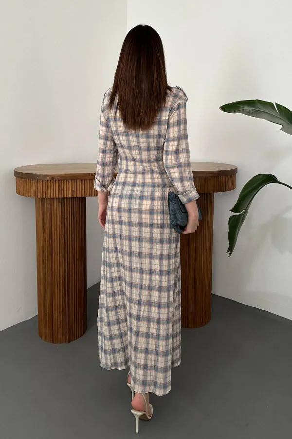 Wholesale Blue Pleated Plaid Dress