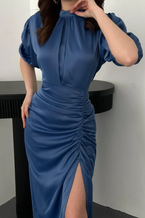 Wholesale Indigo Pleated Satin Dress