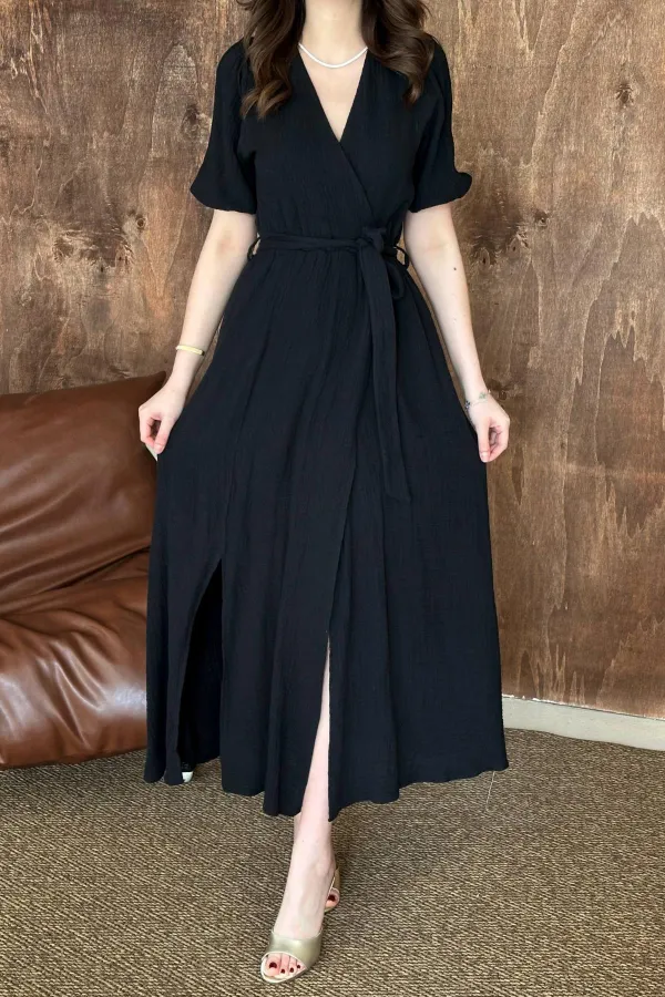 Toptan Siyah Kruvaze Yaka Müslin Keten Elbise