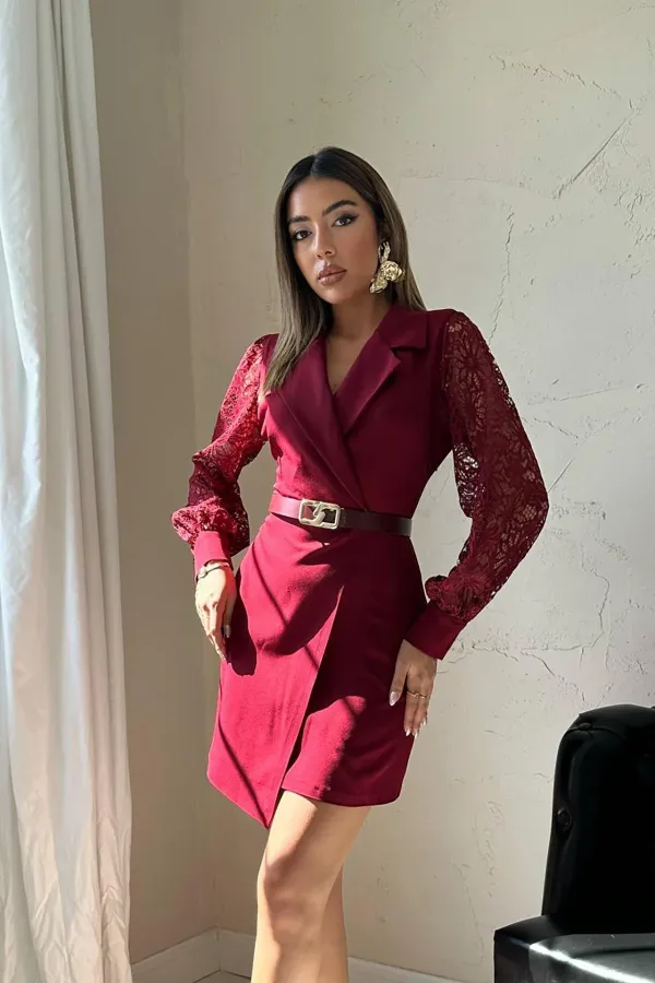 Wholesale Burgundy Laced Sleeve Atlas Dress