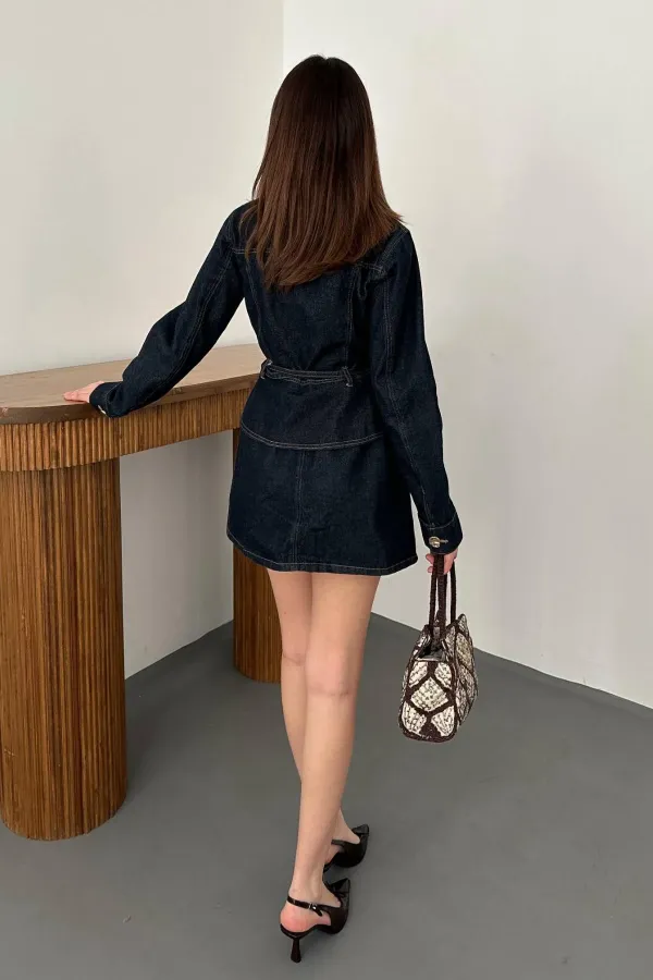 Toptan Mavi Gold Düğmeli Kot Ceket Ve Etek Takım