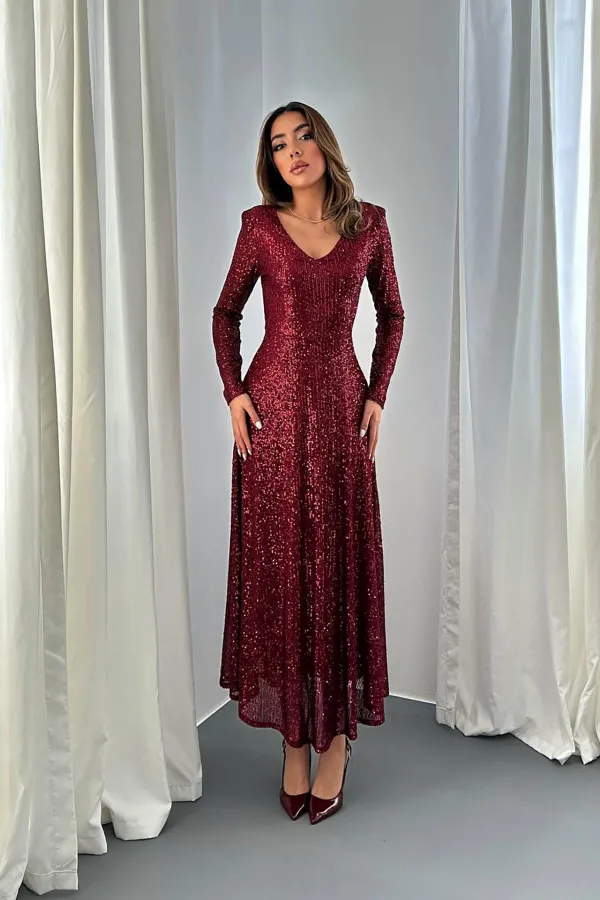 Toptan Bordo Sırt Dekolteli Pulpayet Elbise