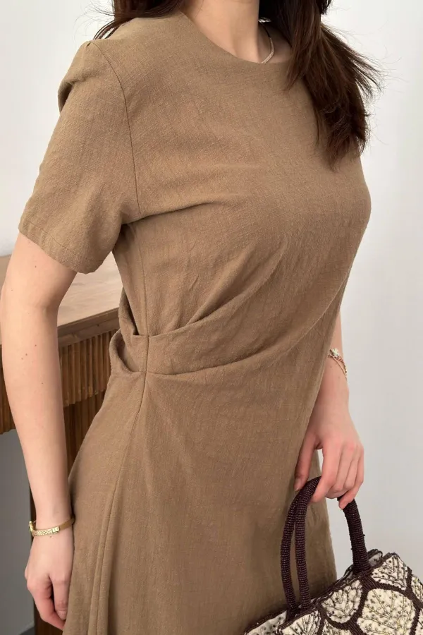 Toptan Vizon Pileli Bisiklet Yaka Elbise