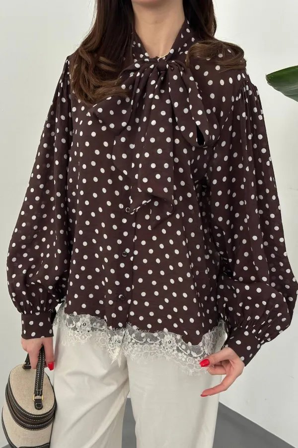Toptan Kahverengi Puantiyeli Dantelli Gömlek