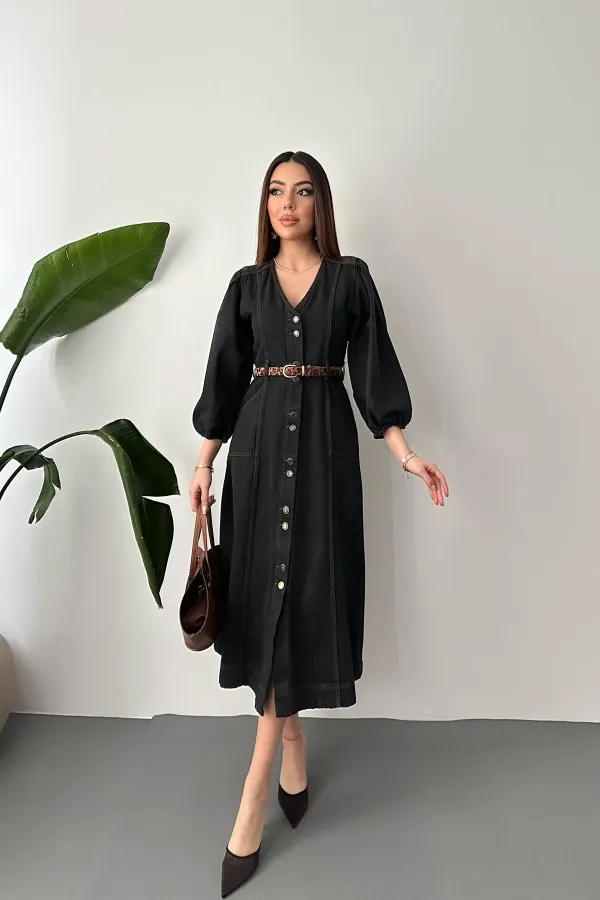 Robe en jean noire à manches ballon en gros