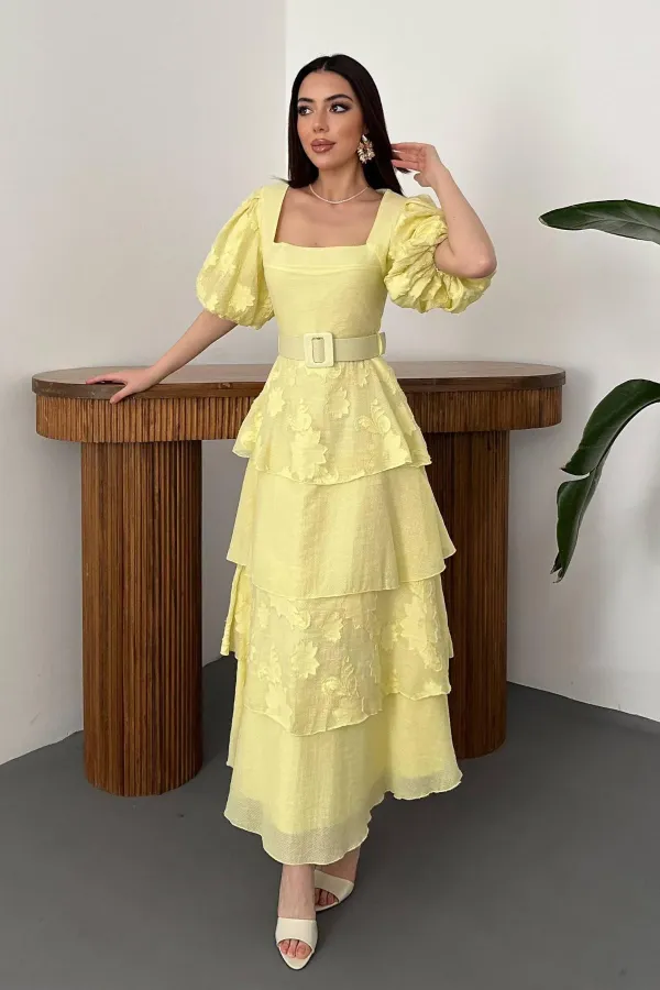 Wholesale Yellow Balloon Sleeve Layered Dress