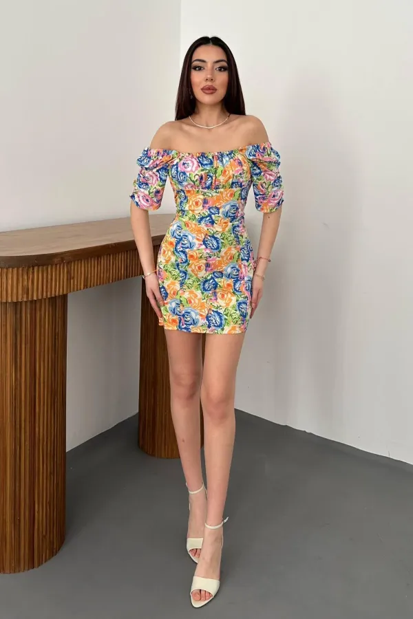 Toptan Oranj Boyundan Bağlamalı Desenli Elbise