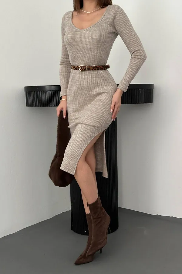 Wholesale Beige Knit Dress with Slit Skirt