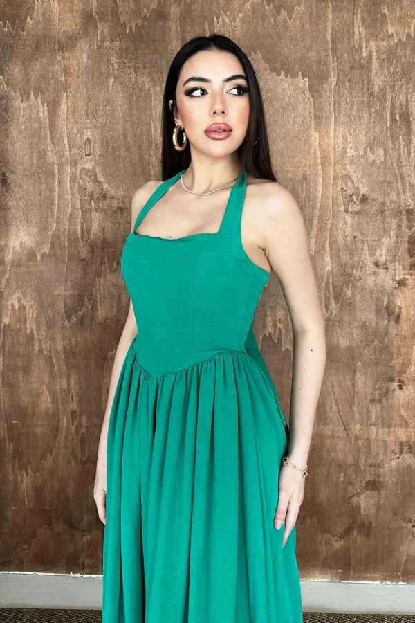 Toptan Yeşil Boyundan Bağlamalı Keten Elbise