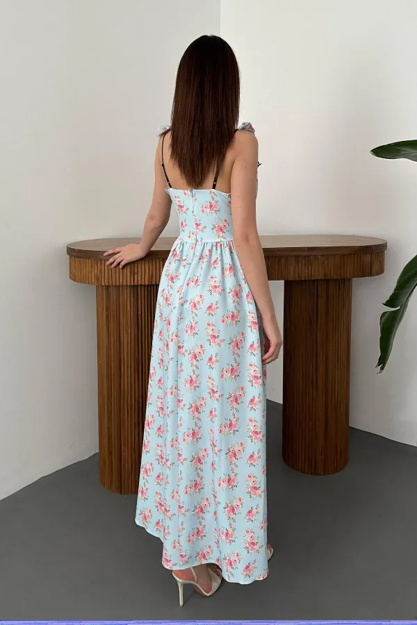 Toptan Bebe Mavi Önü Fiyonklu Çiçekli Elbise