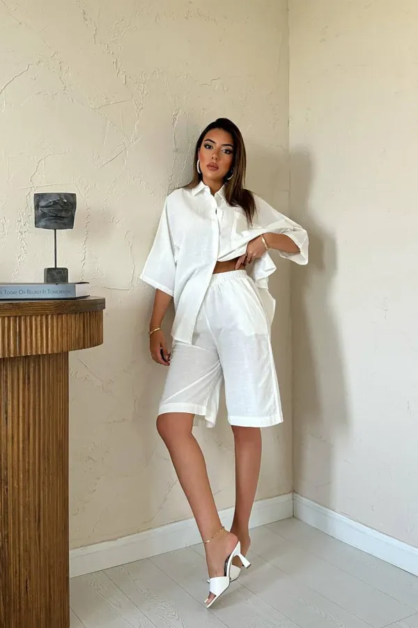 Ensemble chemise et short en lin écru à manches courtes en gros