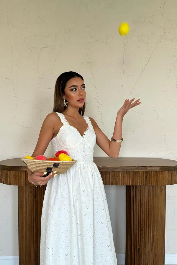 Toptan Ekru Dantel Detaylı Askılı Elbise