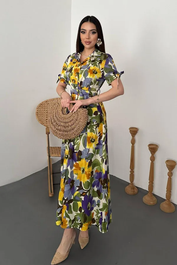 Toptan Mavi Desenli Uzun Pileli Elbise