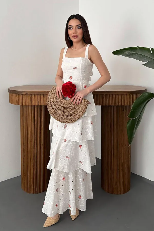 Toptan Kırmızı Çiçek Desenli Kat Kat Arkası Bağlamalı Elbise