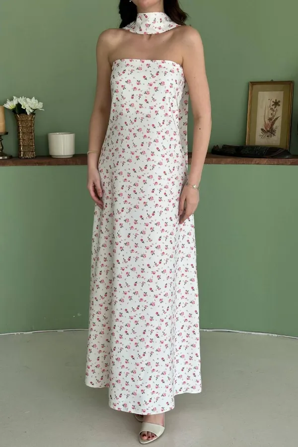 Toptan Beyaz Boyundan Fularlı Elbise