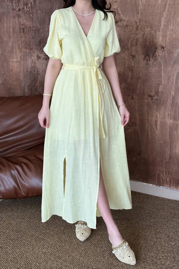 Toptan Sarı Kruvaze Yaka Müslin Keten Elbise