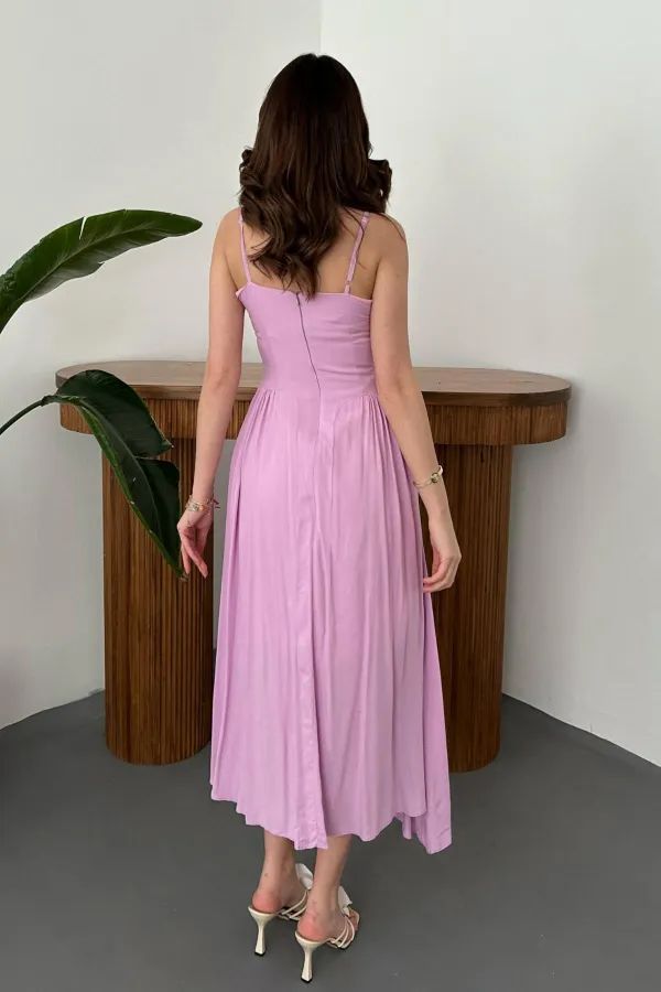 Toptan Lila Göğüs Kuplu Uzun Büzgülü Elbise