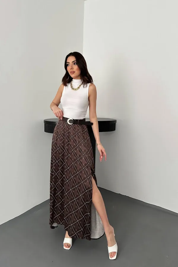 Toptan Kahverengi Ekoseli Etek