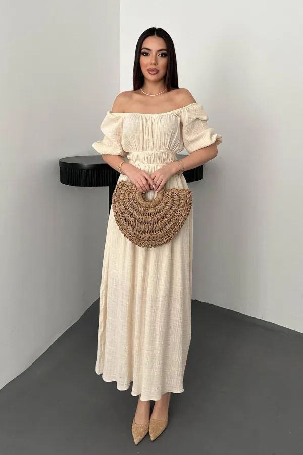 Toptan Bej Yakası Büzgülü Müslin Keten Elbise