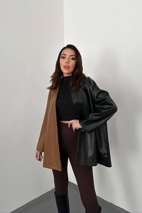 Chemise en cuir noir à boutons-pression, vente en gros