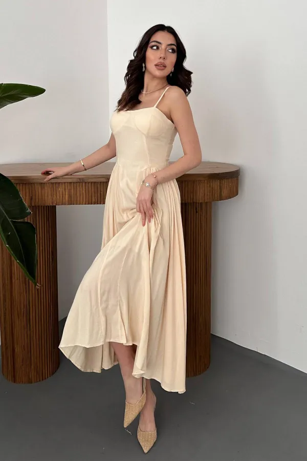 Toptan Bej Göğüs Kuplu Uzun Büzgülü Elbise