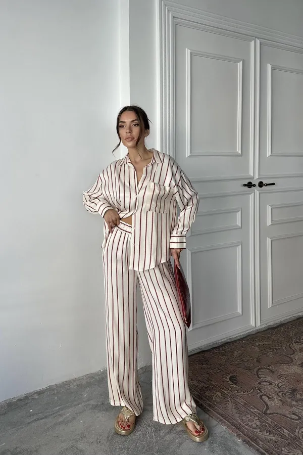 Toptan Bordo Çizgili Saten Takım