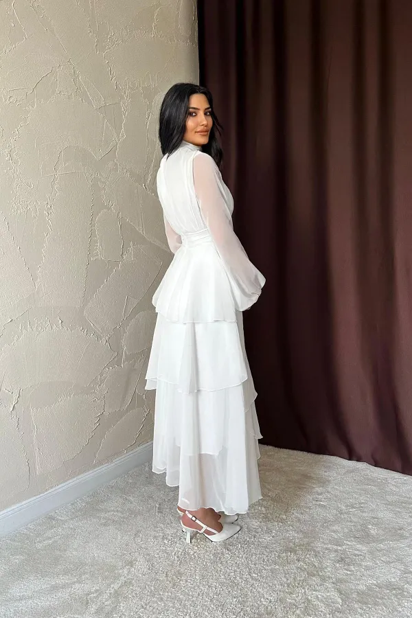 Toptan Beyaz Bel Detaylı Elbise