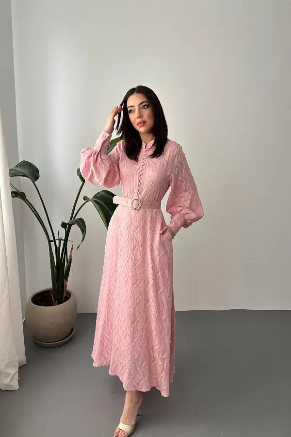 Toptan Pudra Kemer Detaylı Uzun Elbise