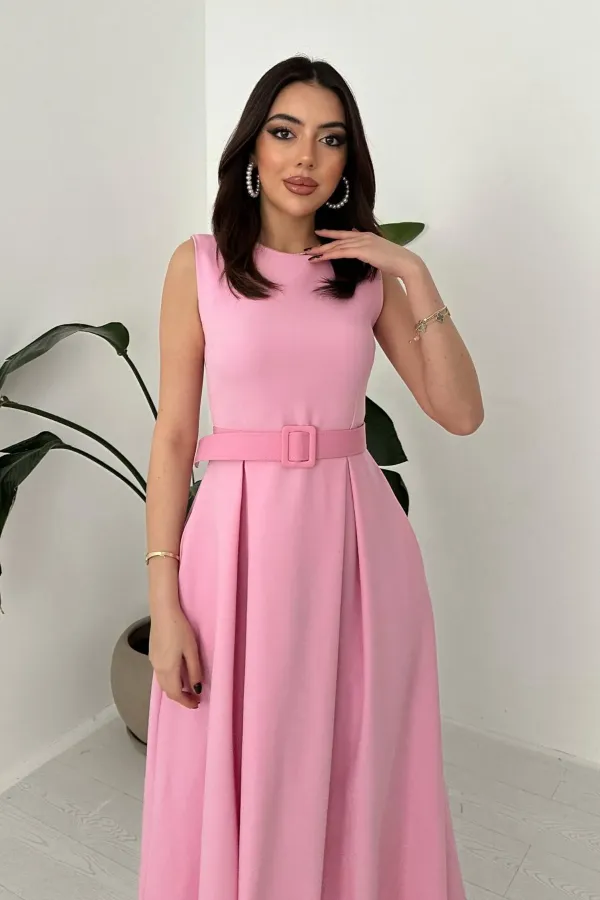 Toptan Pembe Halter Yaka Kloş Elbise