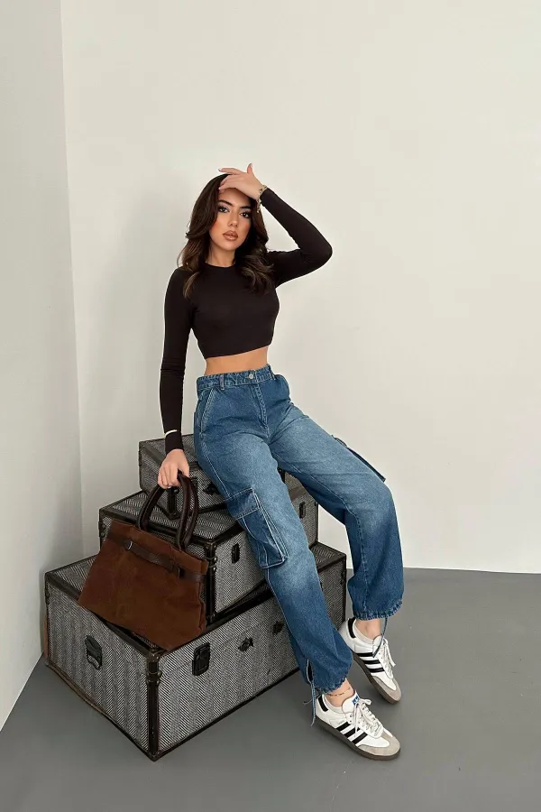 Toptan Mavi Yan Cepli Jeans Pantolon