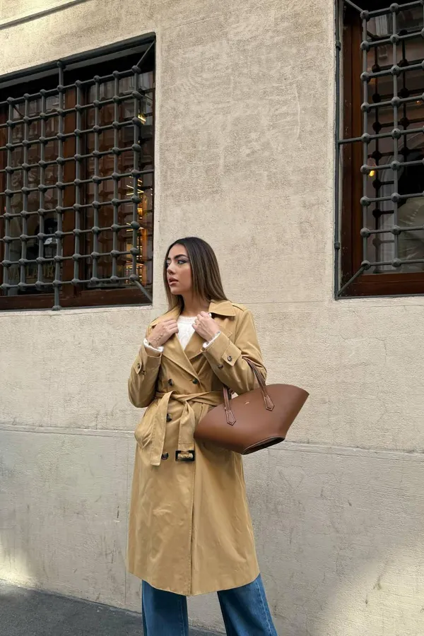 Toptan Camel Uzun Kemerli Trençkot