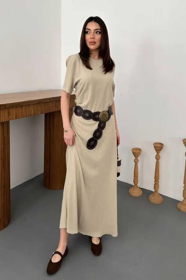 Robe beige plissée à col rond en gros