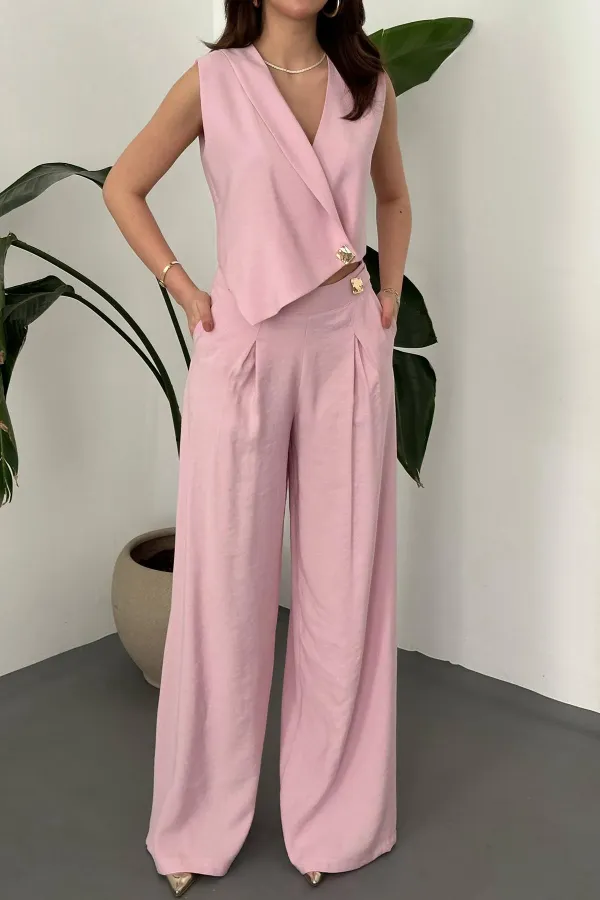 Ensemble gilet et pantalon rose asymétrique en gros