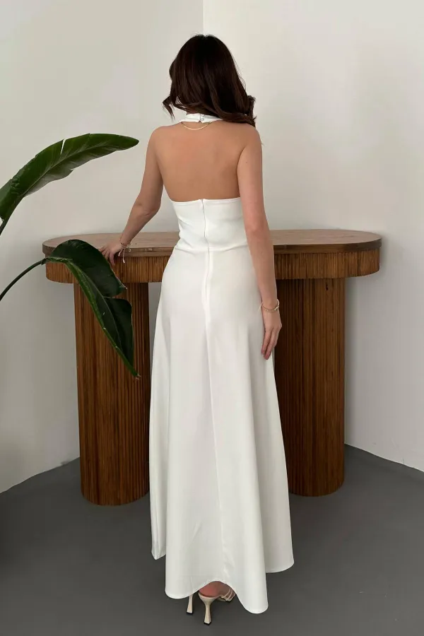 Toptan Ekru Atlas Göğüs Kuplu Elbise