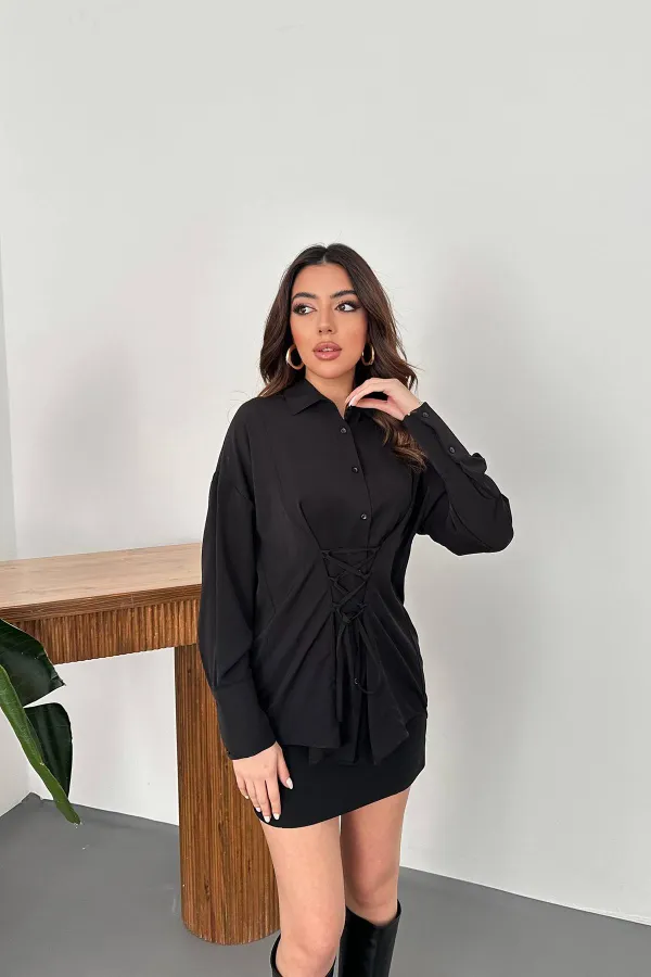 Chemise à lacets patchwork Jessica noire en gros