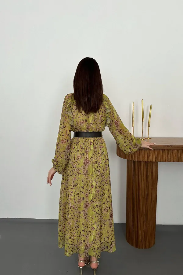 Toptan Yeşil Fırfırlı Şifon Elbise