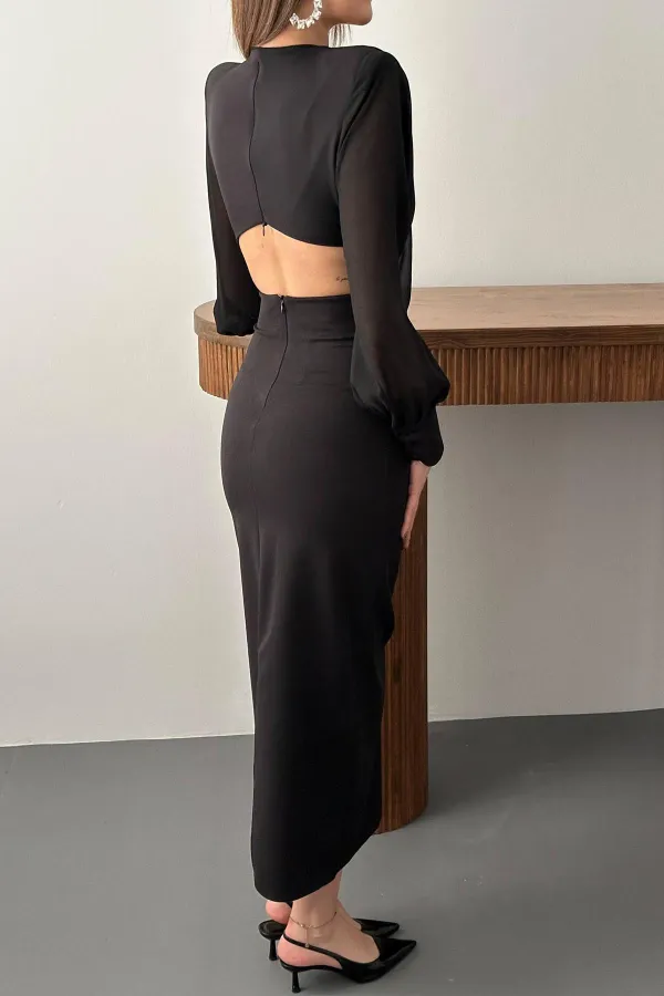 Robe noire en mousseline de soie avec manches et détails à la taille dans le dos, vente en gros