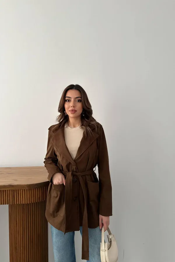 Toptan Camel Süet Bağlamalı Ceket