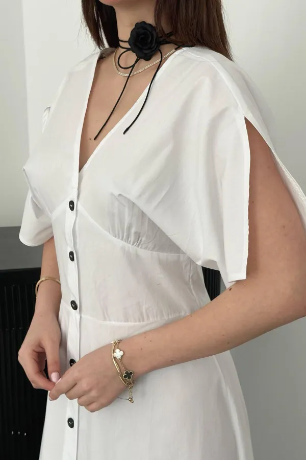 Toptan Beyaz Düğmeli Midi Boy Poplin Elbise