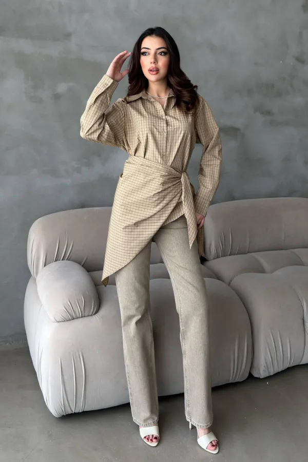 Chemise oversize à détail châle camel en gros